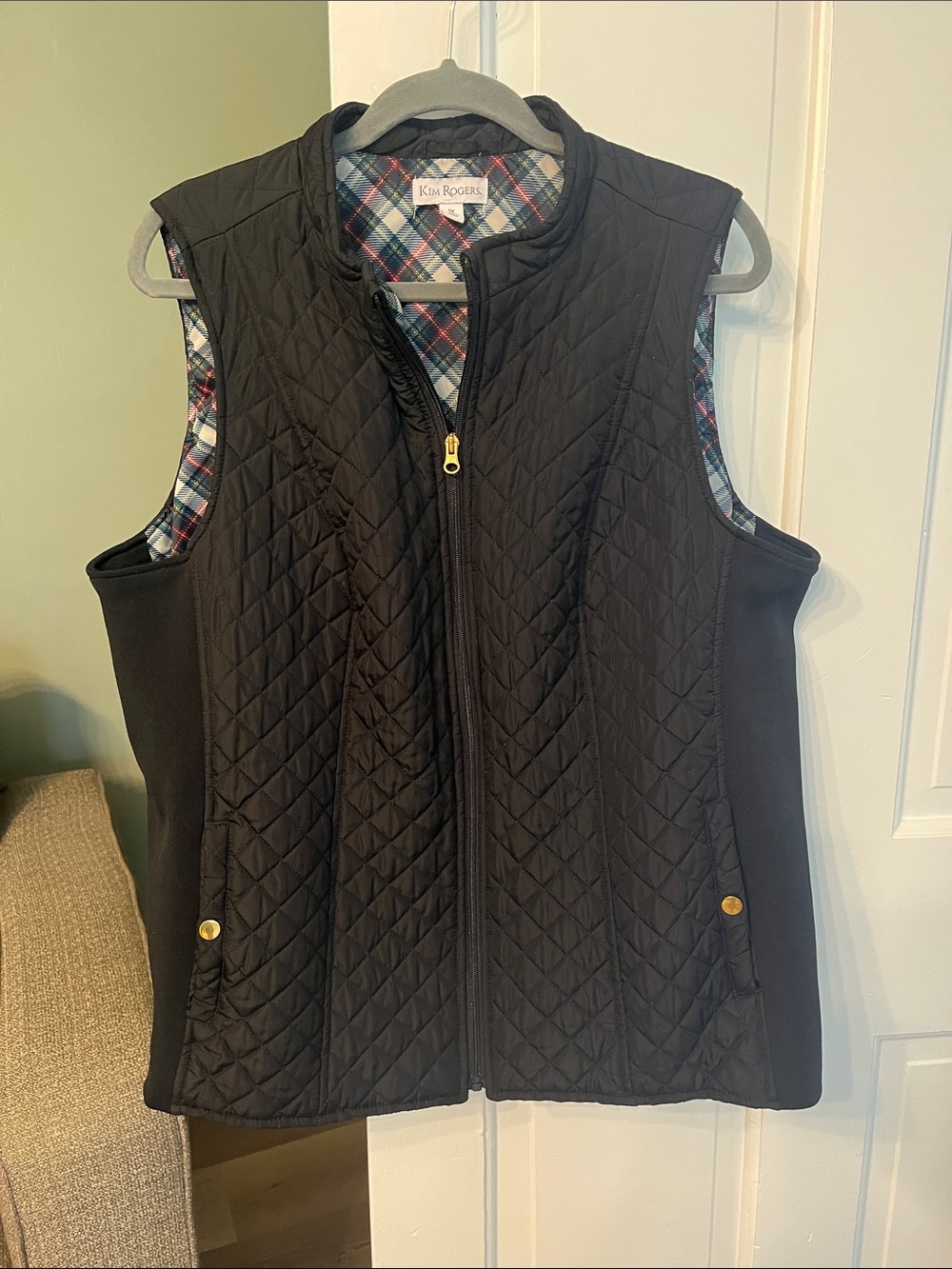 Kim Rogers Black Quilted Vest with Multicolor Plaid Lining 1X